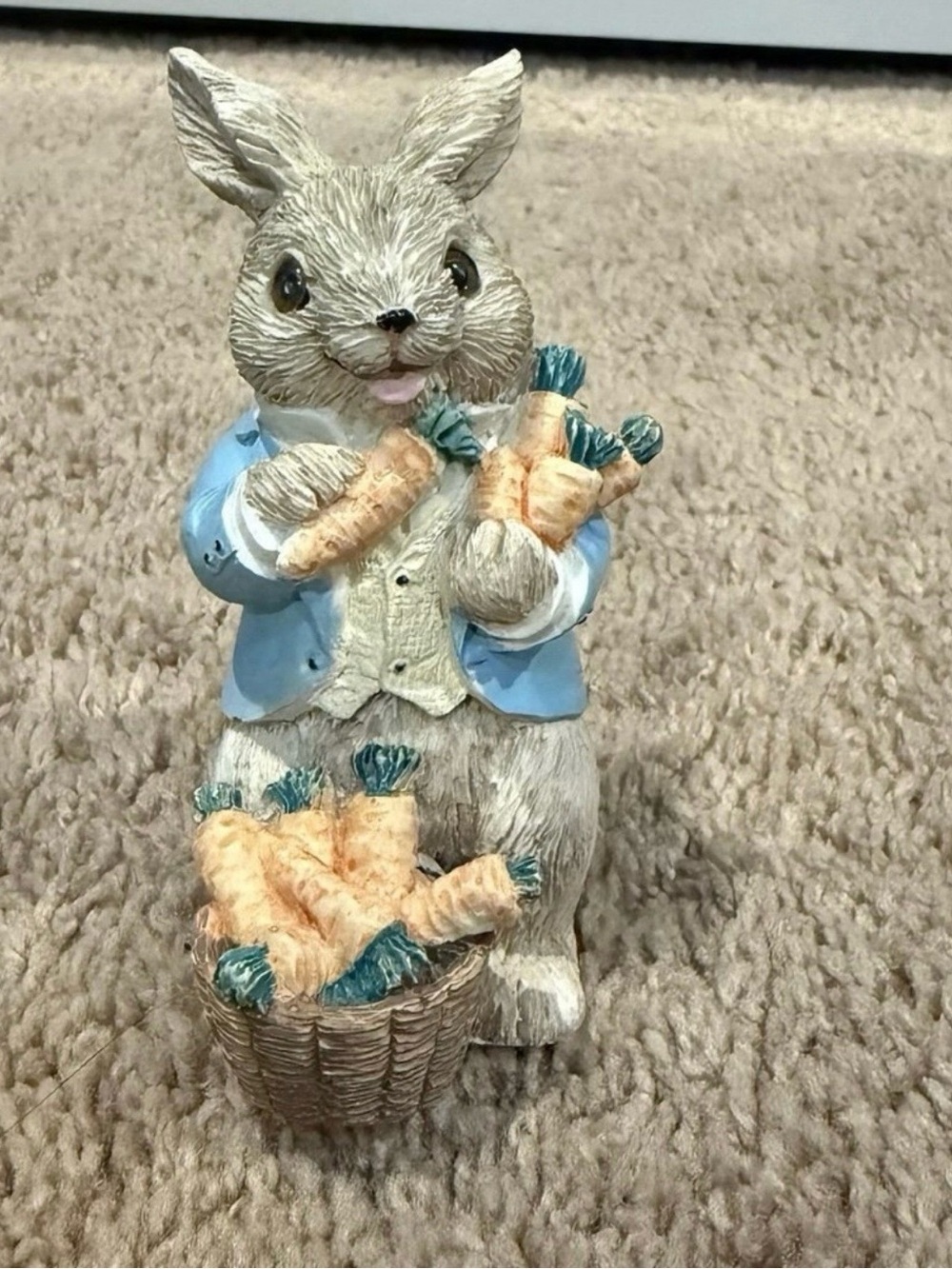 Brown Bunny Figurine with Blue Jacket and Carrots - Decorative Small Pet Décor